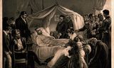 Napoleon op zijn sterfbed op het eiland Sint Helena. Lithografie naar een werk van Charles von Steuben.  