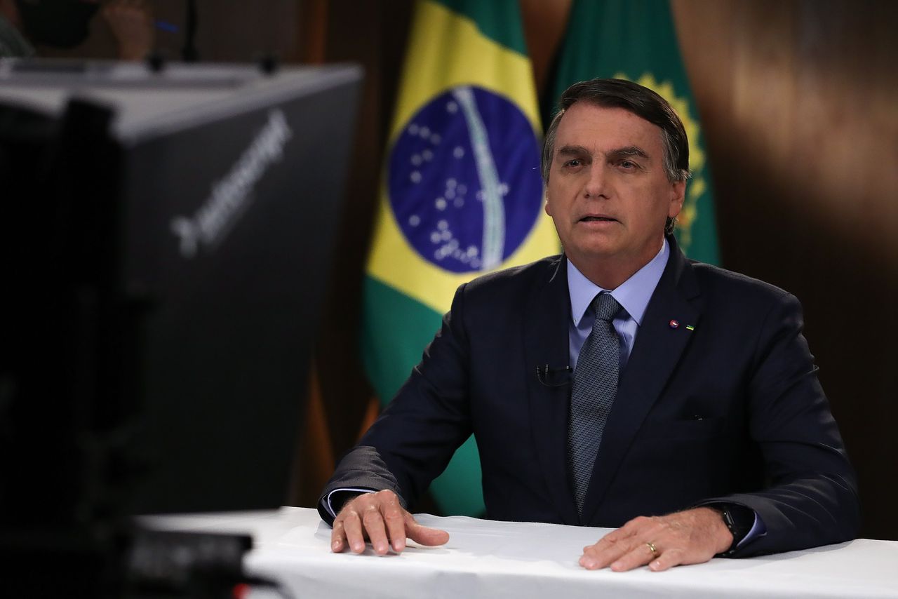 De Braziliaanse president Jair Bolsonaro tijdens een vooraf opgenomen toespraak voor de Algemene Vergadering van de VN.