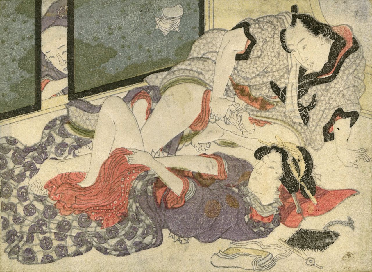 Na een vrijage reinigt dit paar zich met na-de-seks-doekjes, uit de ‘Set van 20 shunga egoyomi’, waarschijnlijk van Keisai Eisen, 1819.