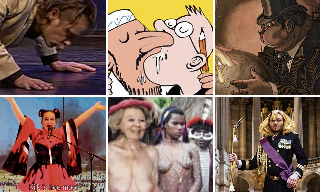 Met de klok mee: Hans Teeuwen (2003), Charlie Hebdo (2011), Albert Hahn (1915), Arjen Lubach (2015), LuckyTV (2012), Sanne Wallis de Show (2018).