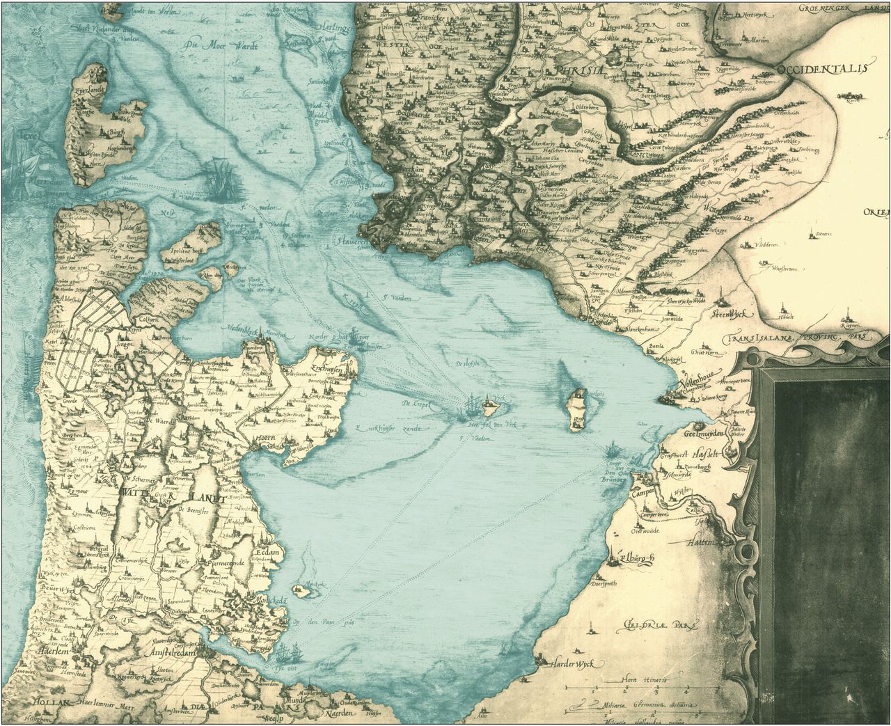 Historische kaart van de Zuiderzee door cartograaf Christian Sgroten (1573). Alleen Schokland en Urk liggen nog boven water.