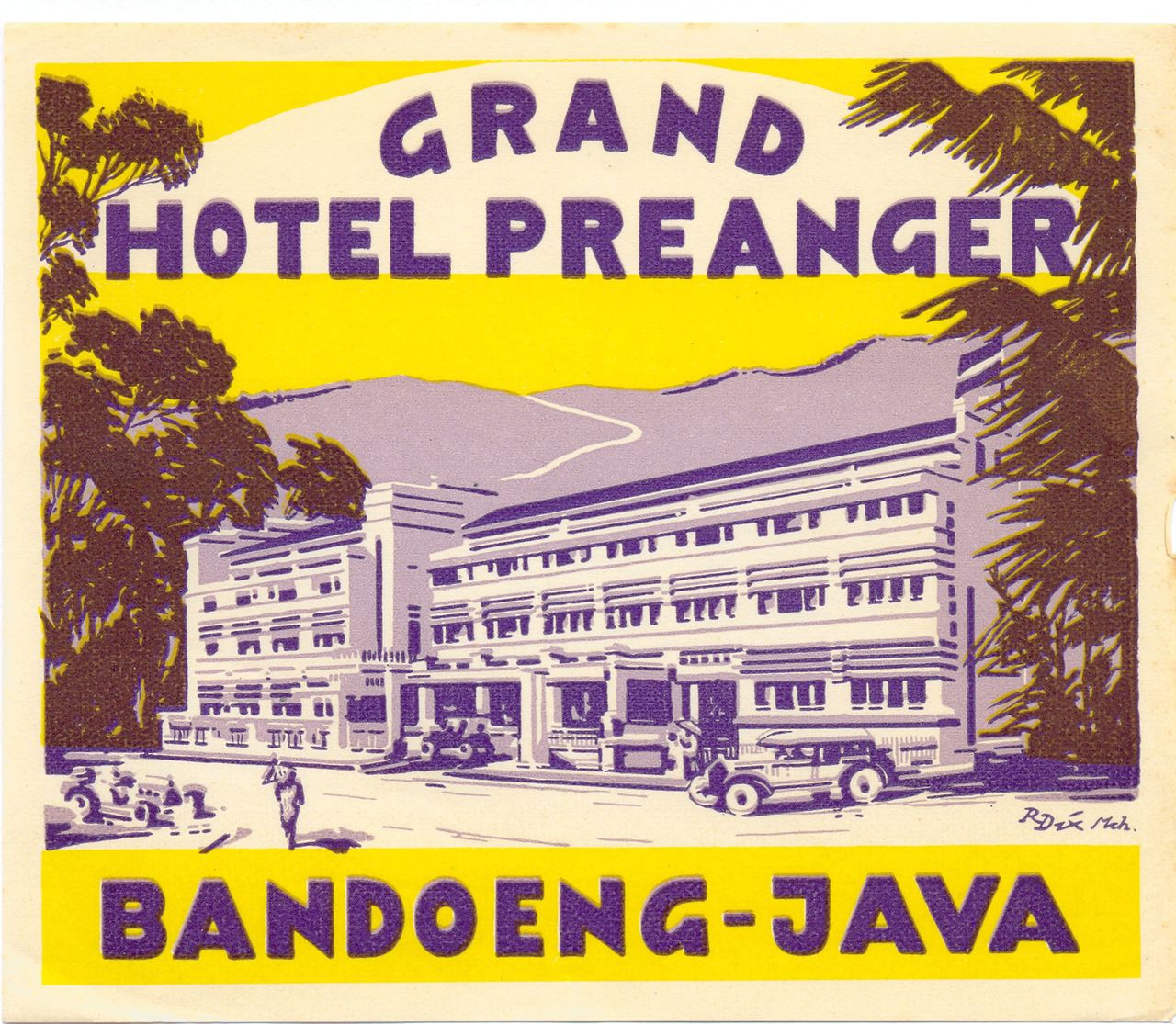 Hotelbagagelabel van het befaamde Grand Hotel Preanger in Bandoeng, Java, in de jaren dertig.