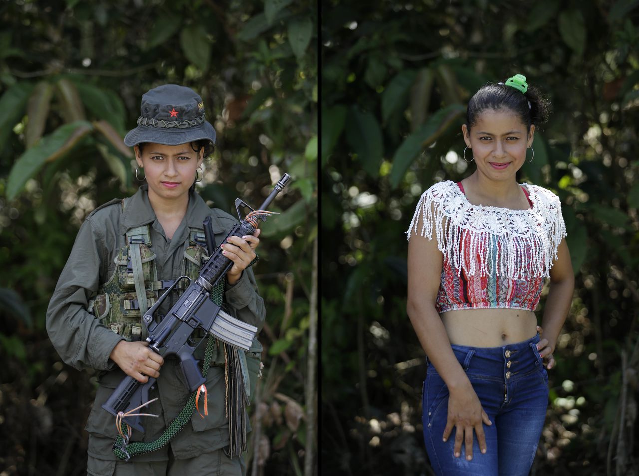 Persbureau AP vroeg aan FARC-strijders om te poseren in militaire en gewone kledij. Dit is Mayerli (18), in kamp Putumayo.