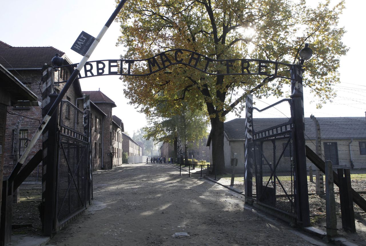 Naakte demonstranten opgepakt die schaap slachtten bij Auschwitz 
