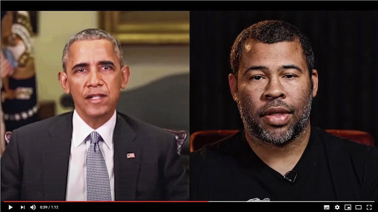 De Amerikaanse oud-president Barack Obama (links) in een deepfake, een gemanipuleerde video, van acteur en scenarioschrijver Jordan Peele (rechts).Beeld YouTube