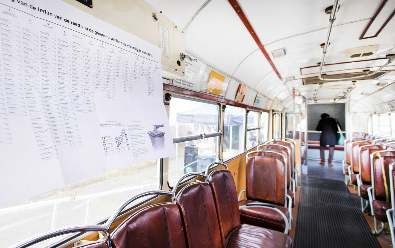 Stemlokaal in een oude trolleybus Foto ANP