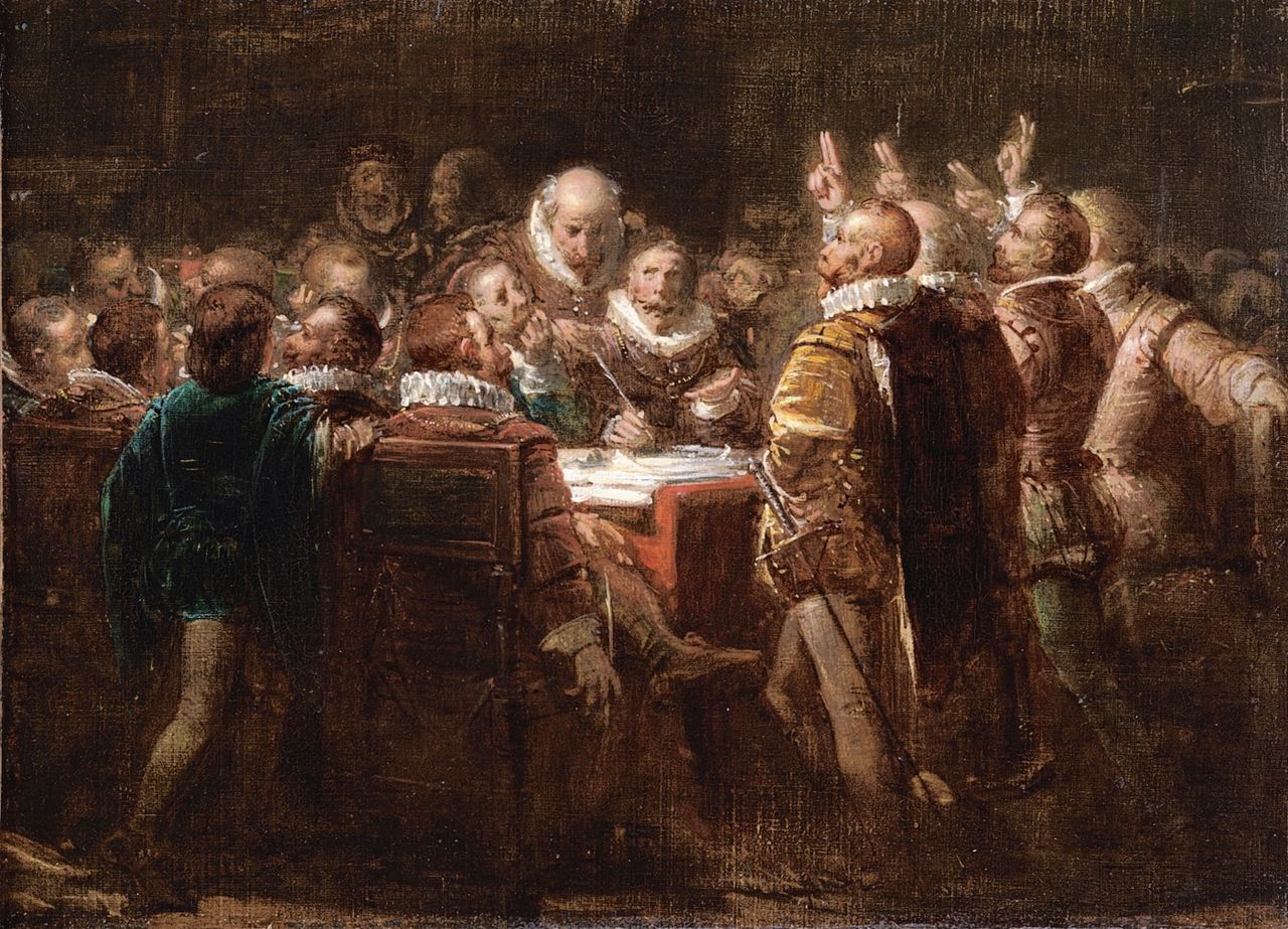 ‘Anno 1581. De afzwering van Filips II’, ondertekening van het Plakkaat; schilderij van J.H. Egenberger uit 1837.