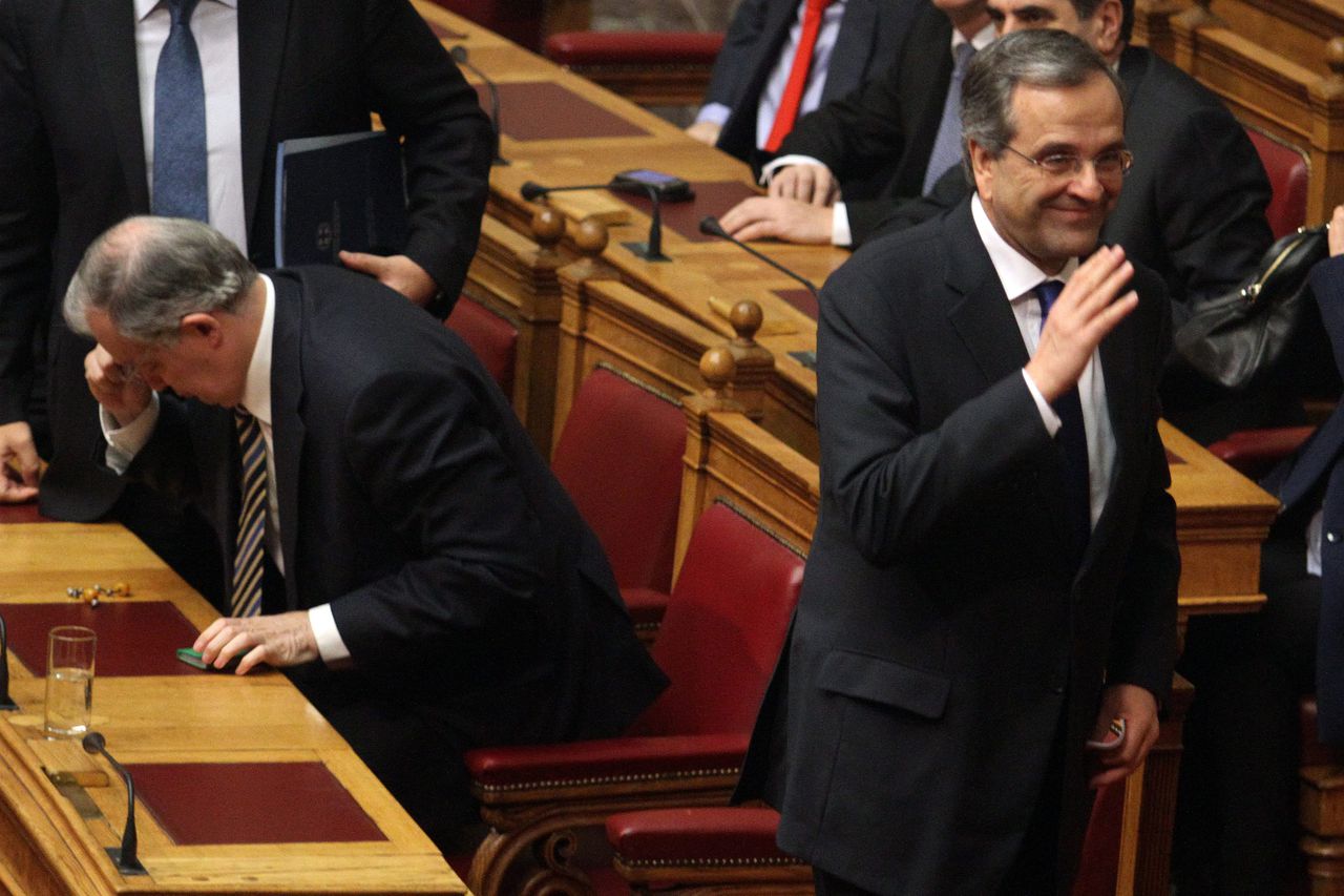 De Griekse minister-president Antonis Samaras na de eerste stemronde in het Griekse parlement.