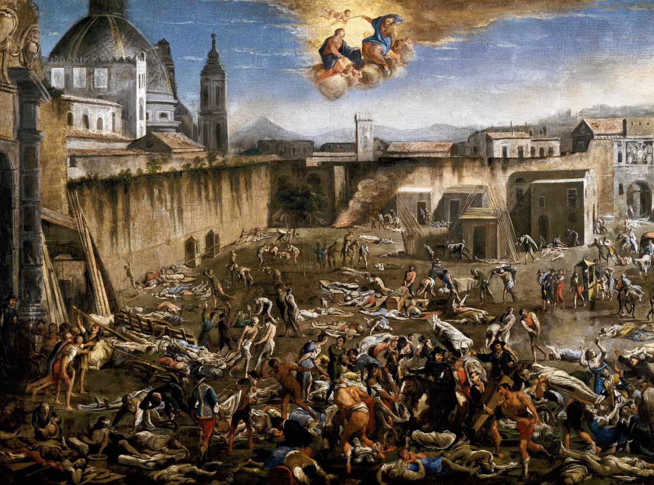 Het Largo del Mercatello in Napels (tegenwoordig Piazza Dante) tijdens de pest van 1656 op een schilderij van Micco Spadaro. De helft van de 300.000 Napolitanen stierf toen.