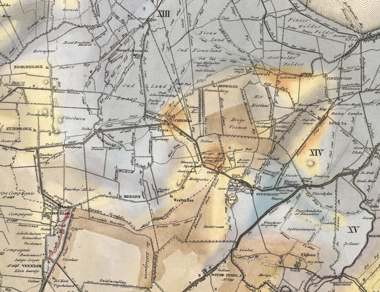 Geologische kaart uit De Atlas van Acker Stratingh (1837) van een deel van de provincie Groningen. In het midden (lichtgeel) zandrug met o.a. de dorpen Westerlee en Heiligerlee. Aangrenzend (blauw) klei uit de Dollardpolder.
