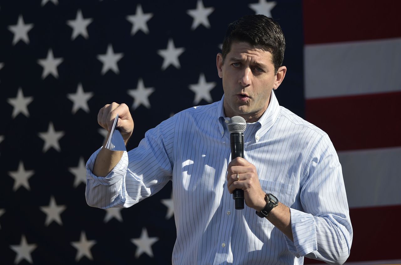 Paul Ryan, speaker van het Amerikaanse Huis van Afgevaardigden, spreekt bij een bijeenkomst van de Republikeinse partij in Elkhorn, Wisconsin.