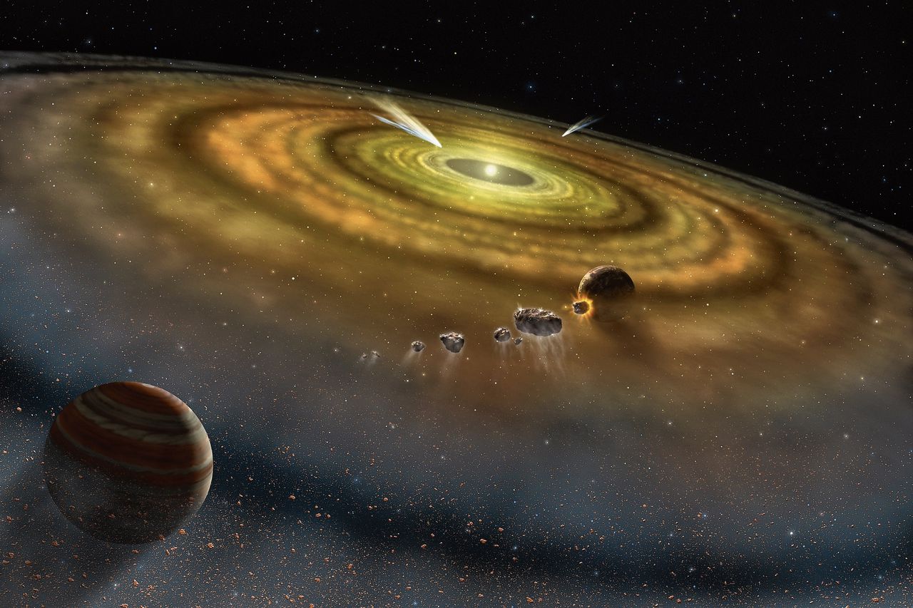 De groei van een planeet: rond een jonge zon ligt een schijf van stof en gas waarin planeten ontstaan die groeien door hevige botsingen met andere ruimtestenen.