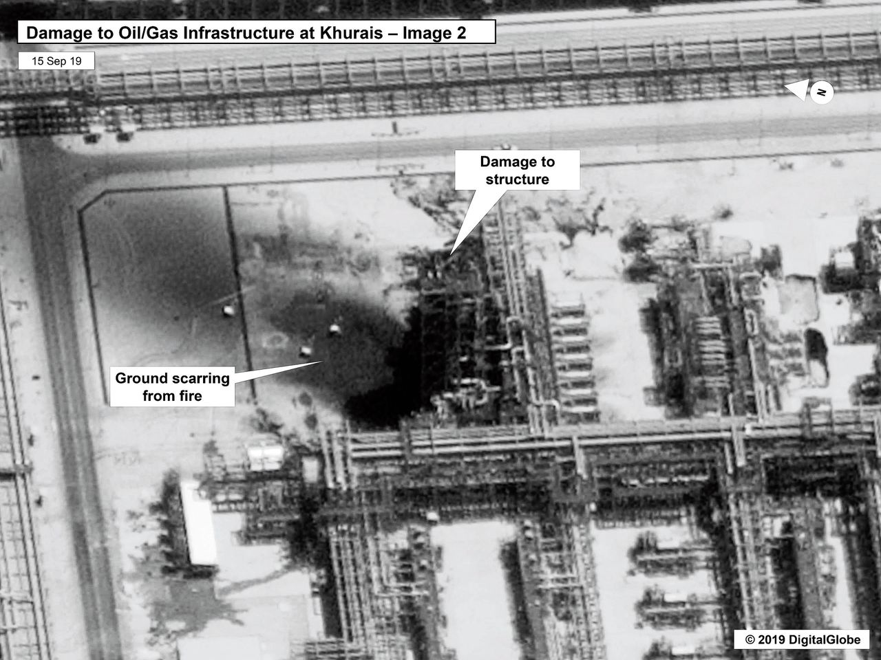 Door de Amerikaanse overheid vrijgegeven beelden geven een indruk van de schade door droneaanvallen op Saoedische olieinstallaties in Khurais.