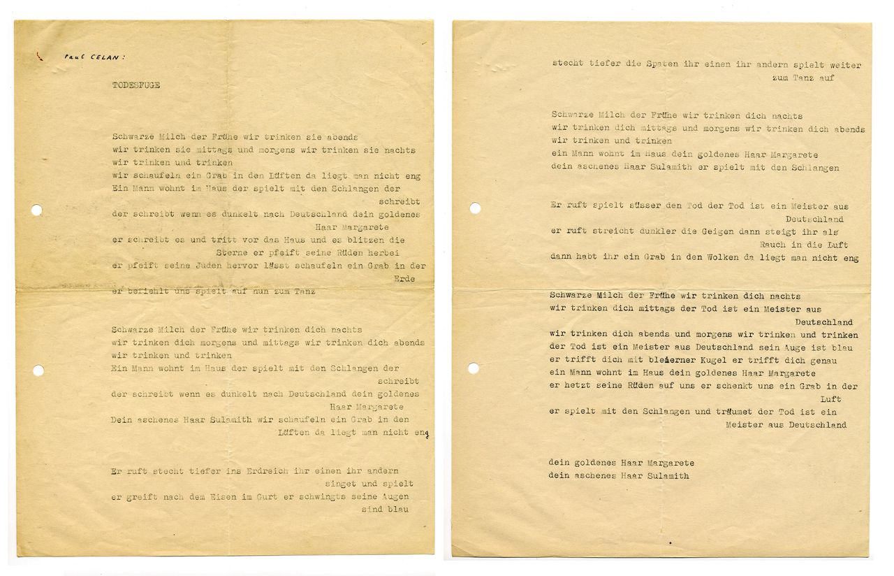 Typoscript van het gedicht Todesfuge (1947-1949) van Paul Celan.