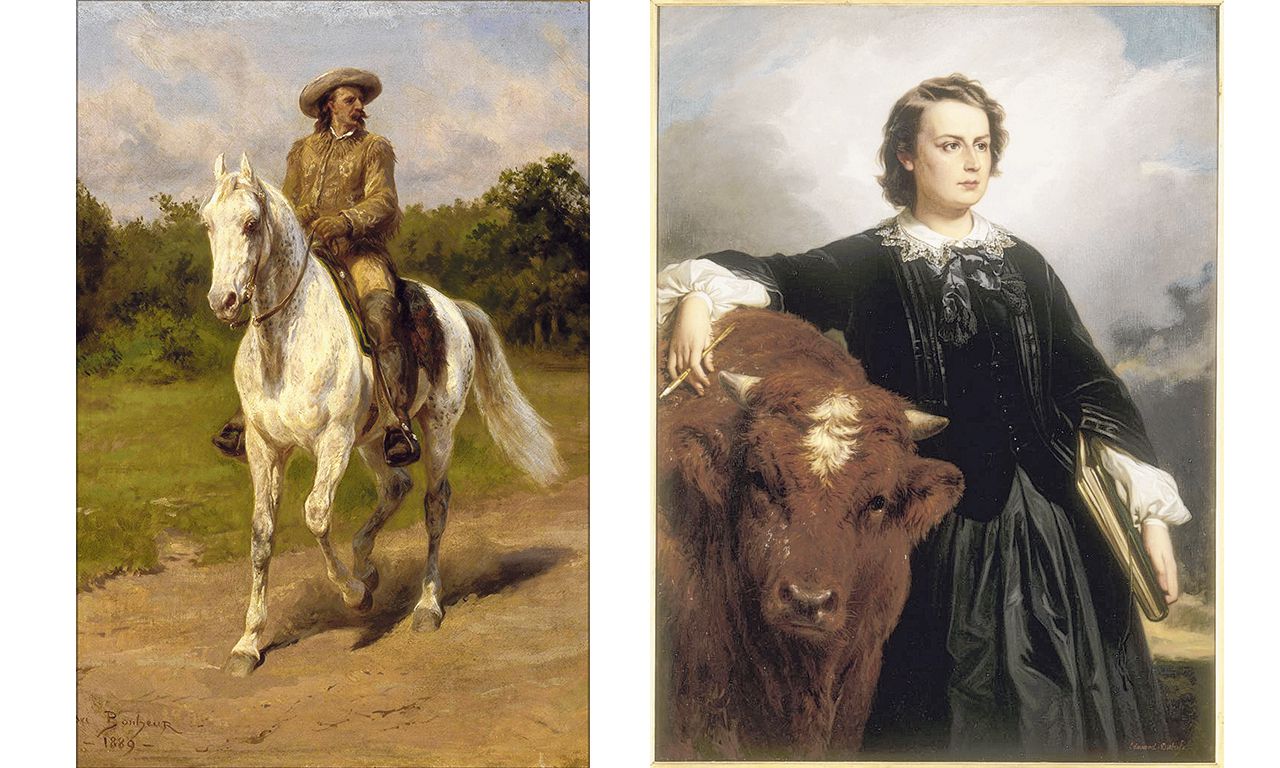 Links: Buffalo Bill (1899) Rechts: Rosa Bonheur met stier, geschilderd door Édouard Dubufe (1857)