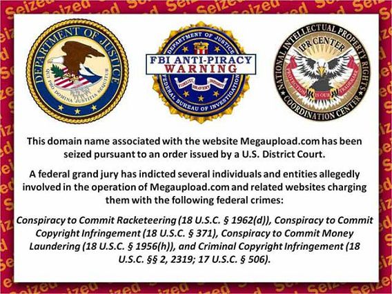 Bij het surfen naar megaupload.com staat deze mededeling van de FBI te lezen.