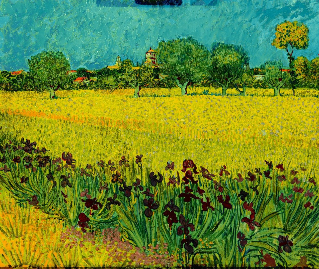 Helder paarse, gele en rose bloemen zijn terug op Van Goghs digitaal gereconstrueerde 'Veld met irissen bij Arles'