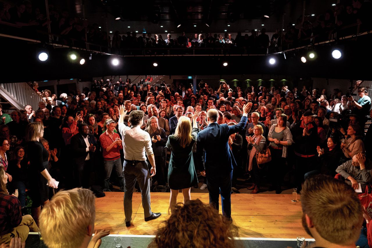De leiders van GroenLinks, SP en PvdA dinsdag in het Tolhuis in Amsterdam.