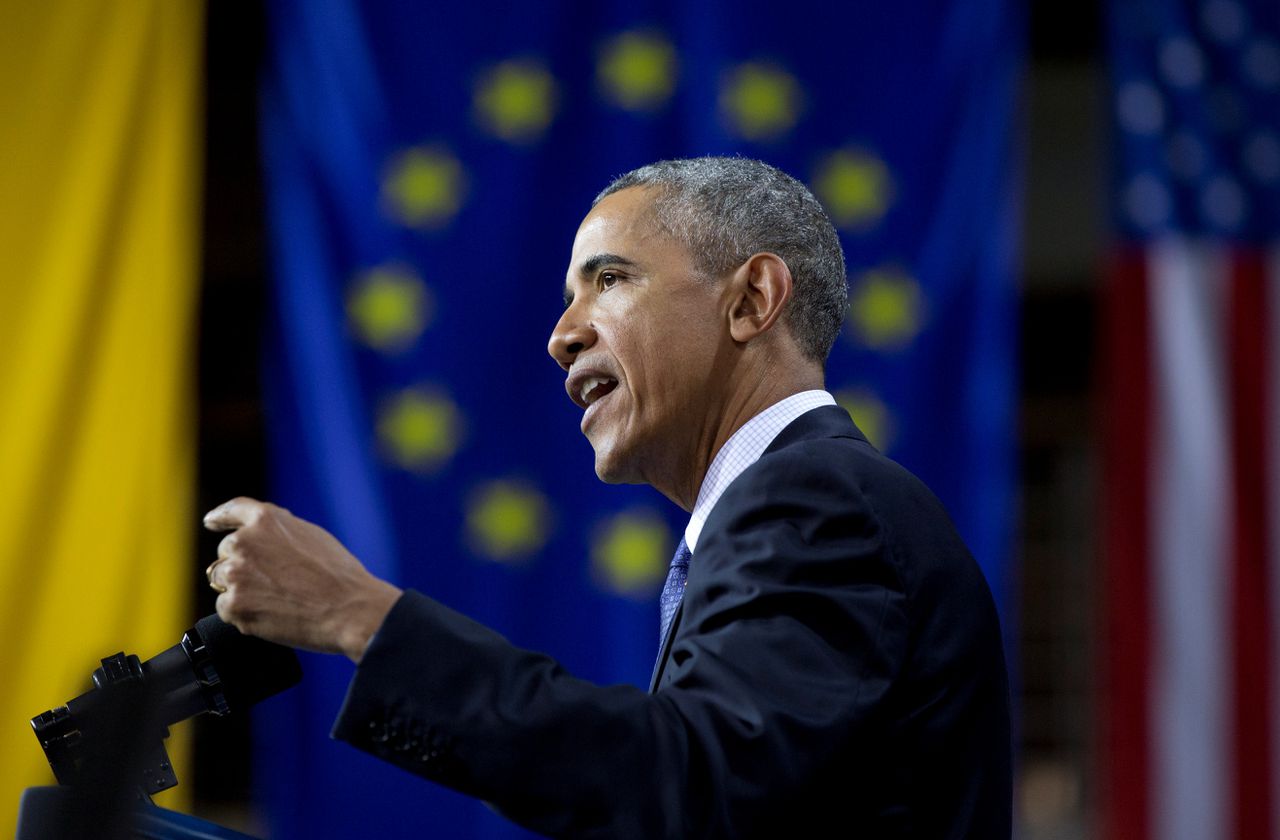 Obama tijdens zijn toespraak in Hannover.