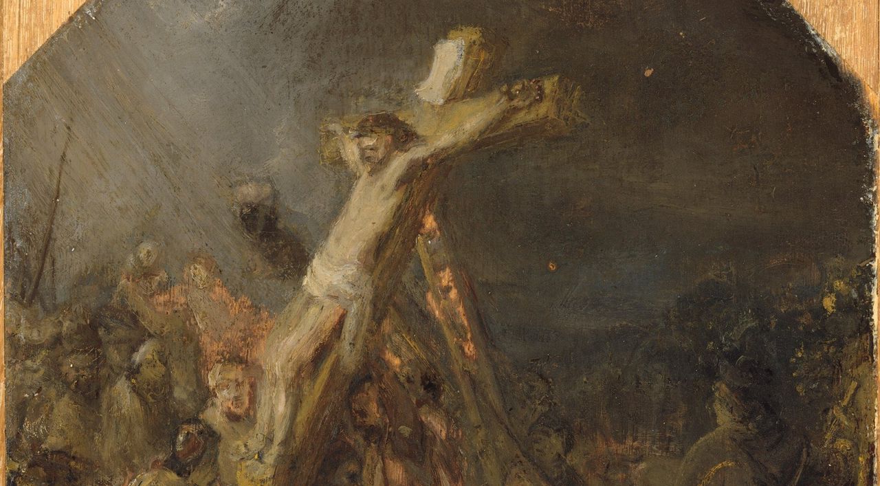 Detail van Rembrandts olieverfschets op paneel van ‘De oprichting van Jezus aan het kruis’.