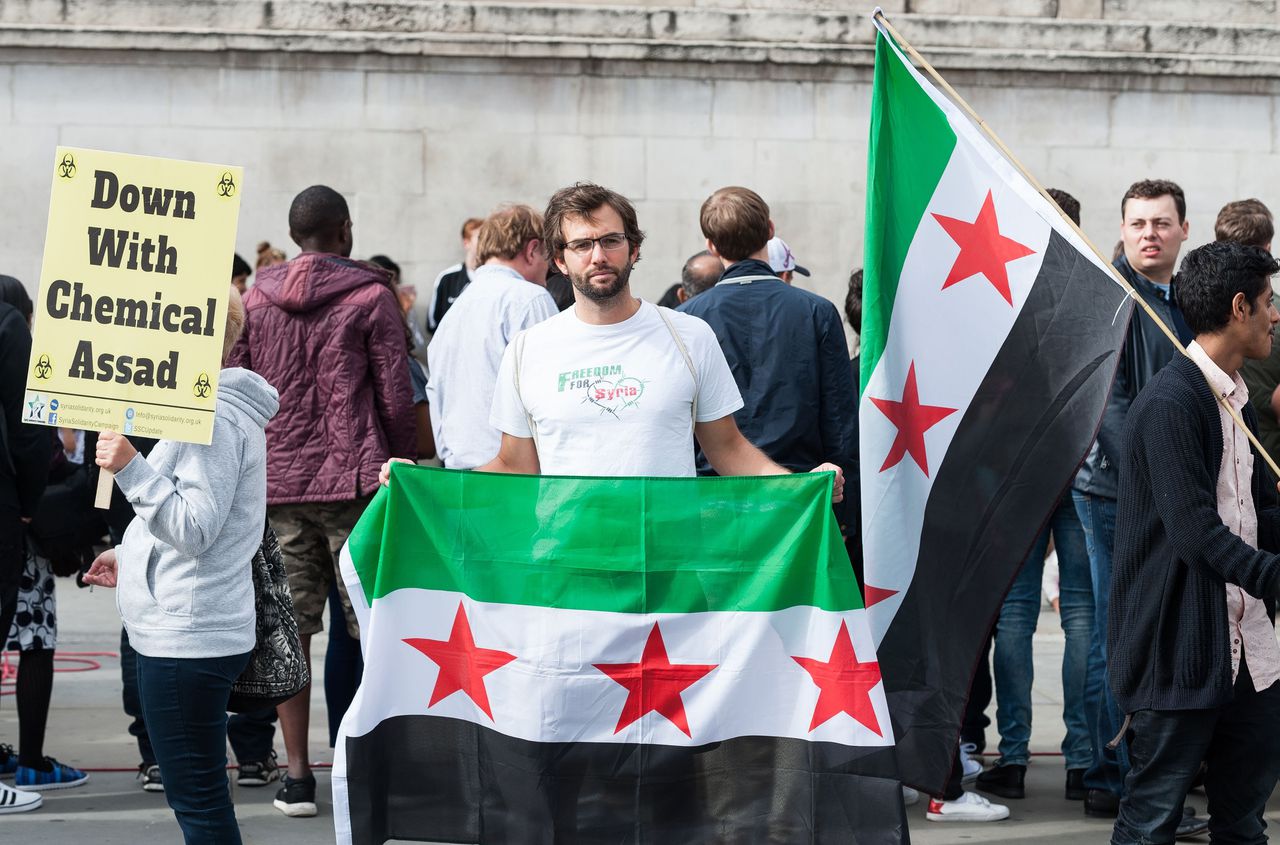 Een groep demonstranten organiseerde in 2017 in Londen een protest. Vier jaar eerder vond een aanval met chemische wapens plaats in Ghouta.