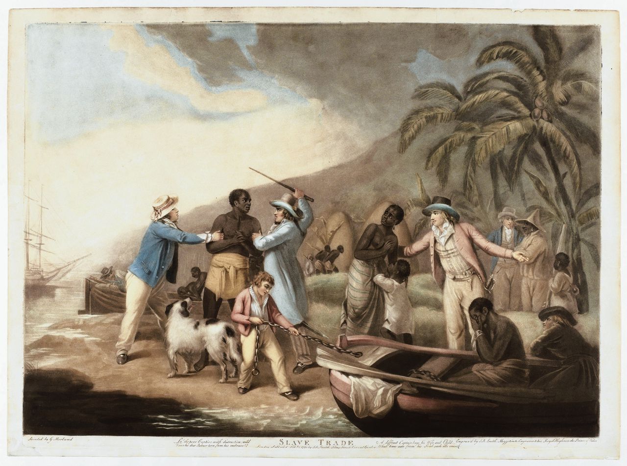 Slavenhandel aan de Afrikaanse kust (1788), John Raphael Smith naar George Morland, uit het Rijksprentenkabinet te Amsterdam.