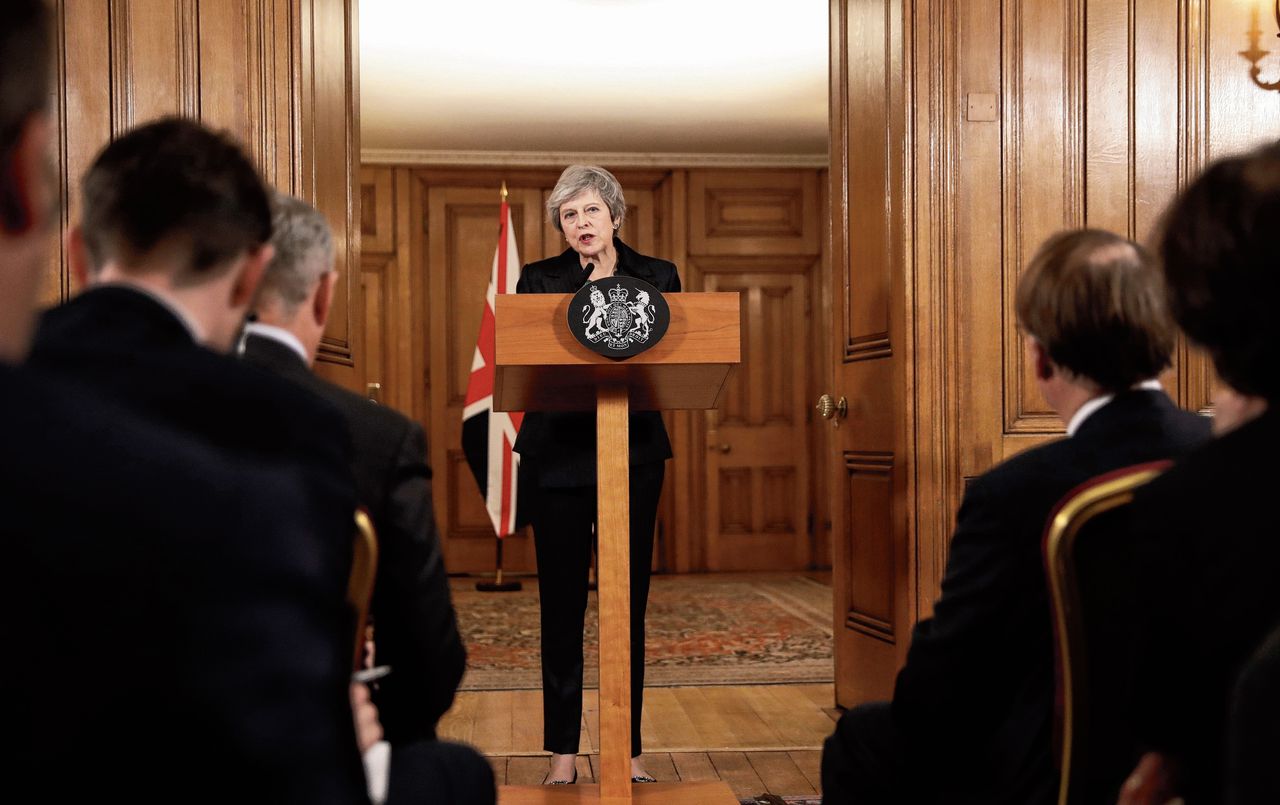 Theresa May tijdens haar persconferentie, donderdagavond in 10 Downing Street.
