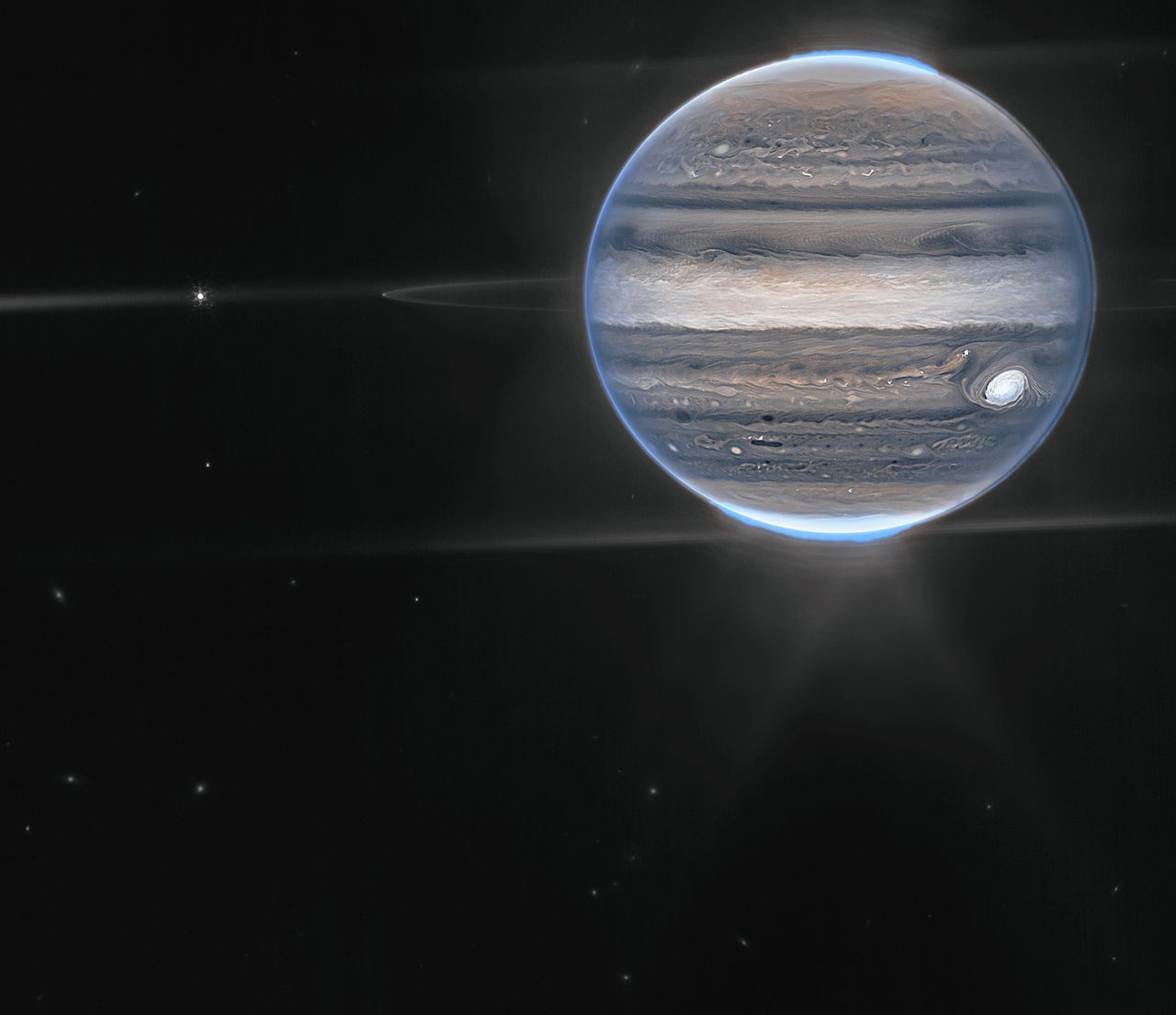 Ook de donkere ringen van de planeet zijn te zien op deze foto van Jupiter.