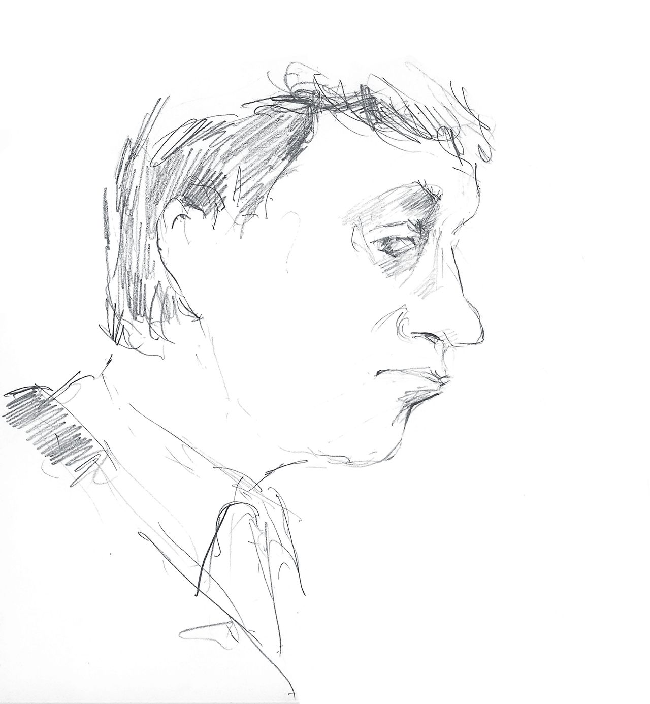 Een tekening van Holleeder, gemaakt door Hennie Houtkoop, op de laatste dag van zijn strafproces in 2007.
