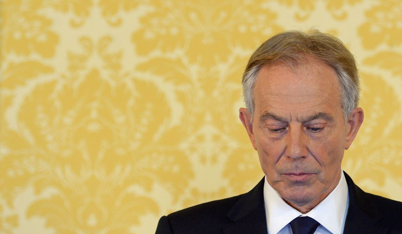 Oud-premier Tony Blair tijdens de persconferentie na het verschijnen van het Chilcot-rapport.