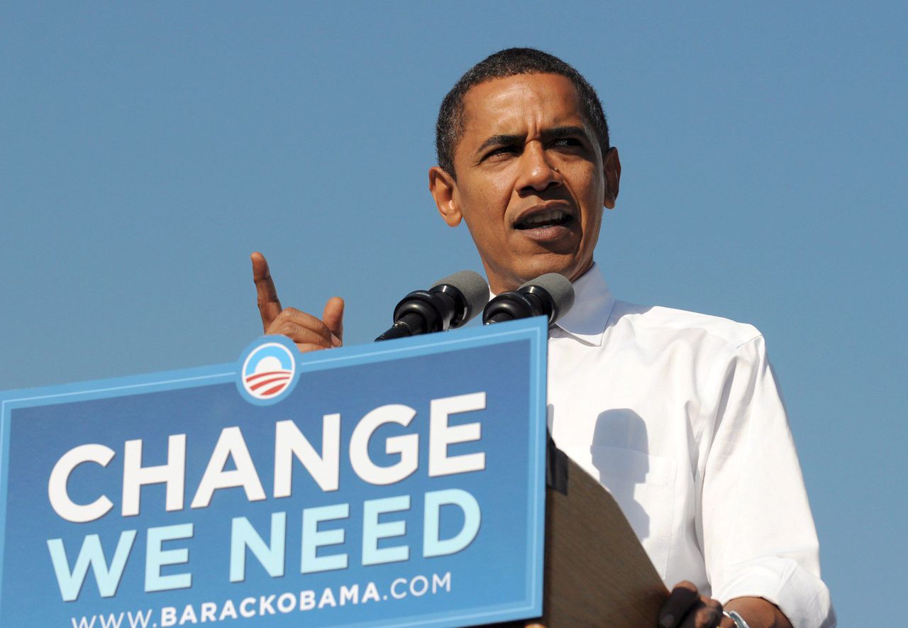 Obama in oktober 2008. Zijn campagne gebruikte het lettertype Gotham, ontworpen door Tobias Frere-Jones.
