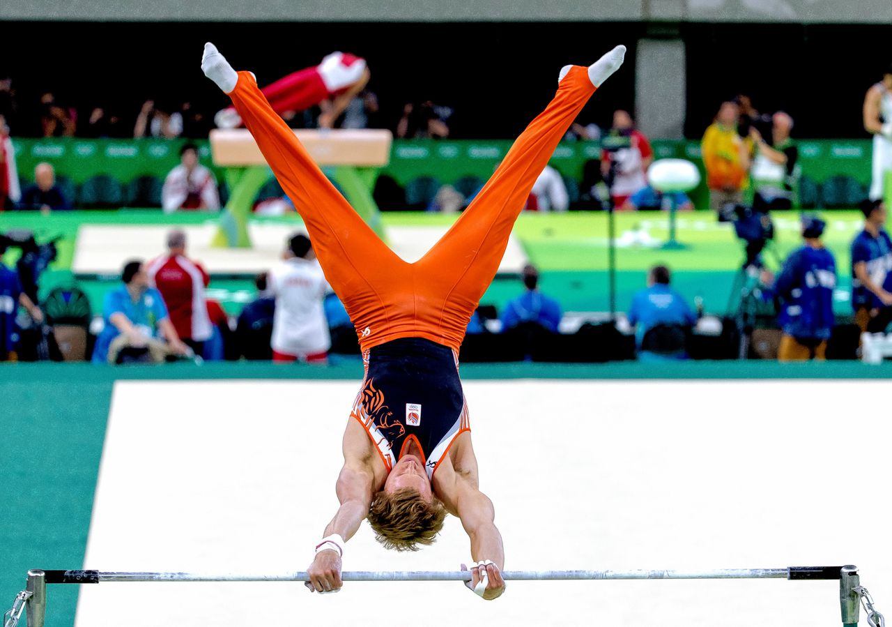 Epke Zonderland tijdens de podiumtraining in de Olympic Arena voorafgaand aan de Olympische Spelen.