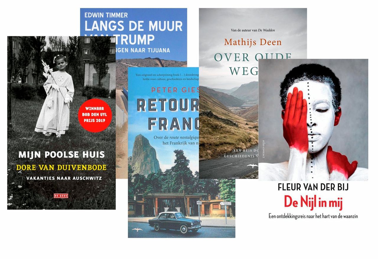 Omslagen van de vijf genomineerde boeken voor de Bob den Uyl-prijs van 2019, die werd gewonnen door Dore van Duivenbode met Mijn Poolse huis (De Geus).