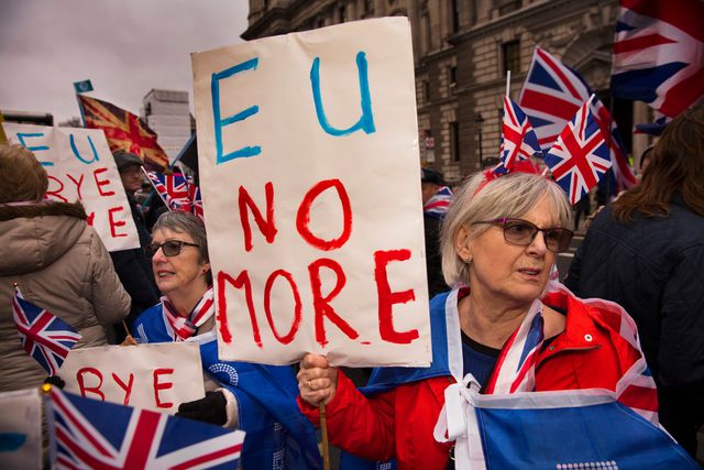 Voorstanders van Brexit demonstreren bij Westminster op  Brexit Day on 2020.