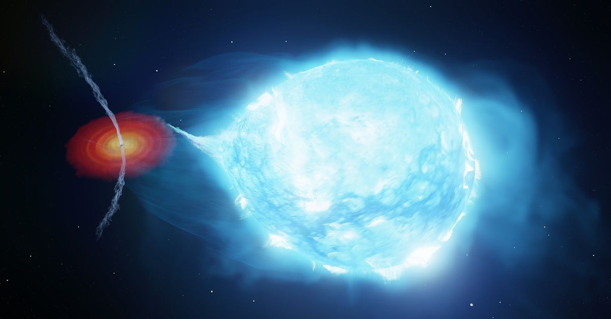 De dansende deeltjesfontein van een zwart gat buigt af door een blazende superreus