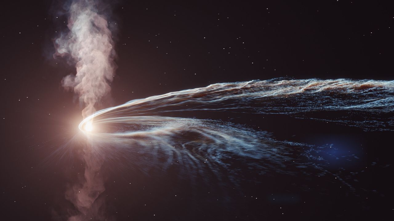 Impressie van het uiteenrijten van een ster door een superzwaar zwart gat, op 690 miljoen lichtjaar afstand.