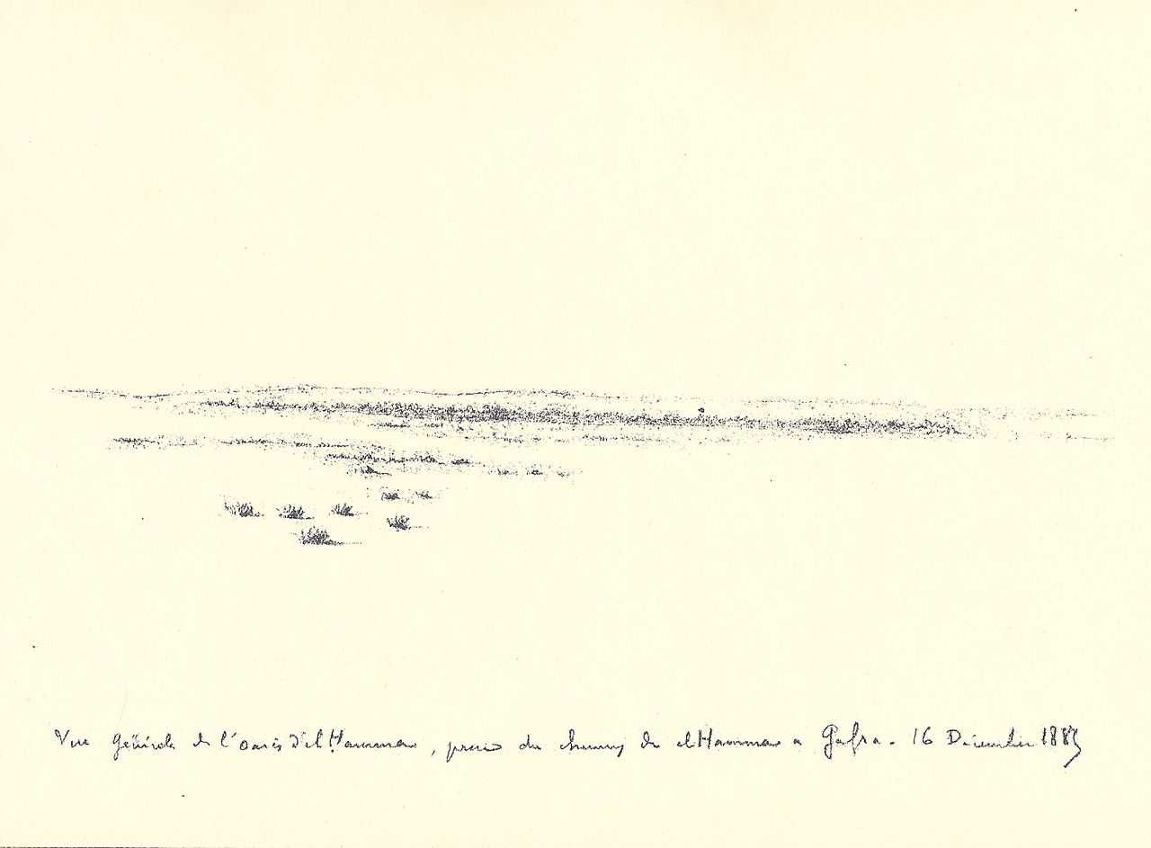 Chott El Gharsa, Tunesië, noordelijk van Tozeur, 35 km ... ...van El Goléa, getekend door Charles de Foucauld, 1885