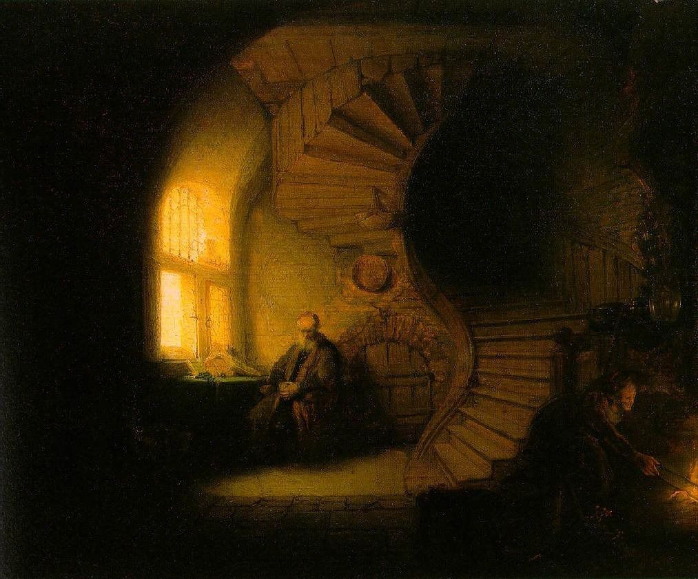 Rembrandt, De Filosoof (1632, olieverf op paneel, 28×34 cm).