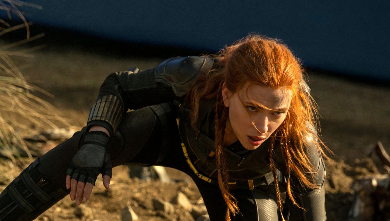 Actrice Scarlett Johansson in haar hoofdrol als Natasha Romanoff ofwel Black Widow.