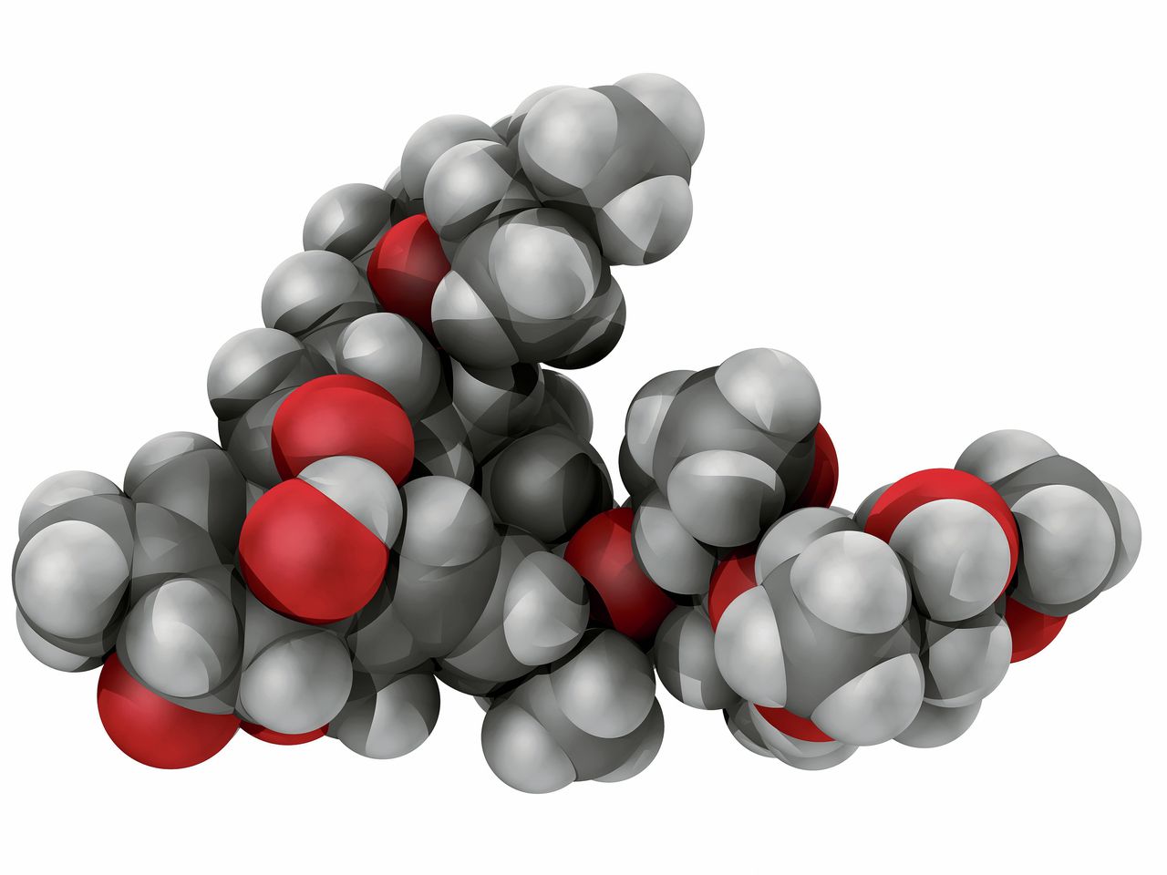 Molecuulmodel van het ontwormingsmiddel ivermectine. De kleurcodes voor de atomen zijn: koolstof grijs, waterstof wit, zuurstof rood.
