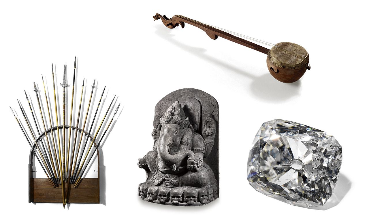Voorbeelden van koloniale kunst uit de collectie van Nederlandse rijksmusea: lansenrek (links), hindoegod Ganesh, diamant en banjo