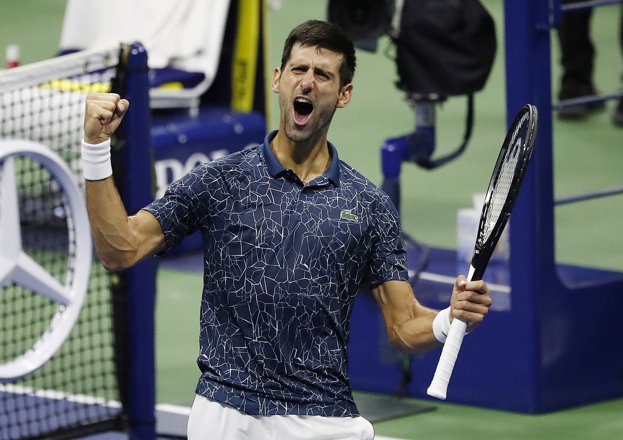 Novak Djokovic na zijn gewonnen halve finale tegen Kei Nishikori.