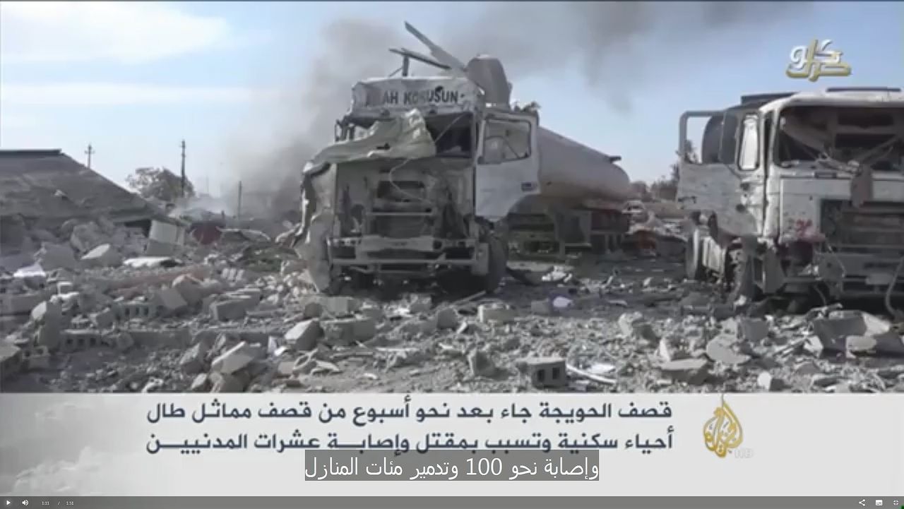 Hawija na het bombardement van juni 2015. De beelden van deze door IS gemaakte film zijn verspreid door Arabische nieuwszender Al Jazeera.