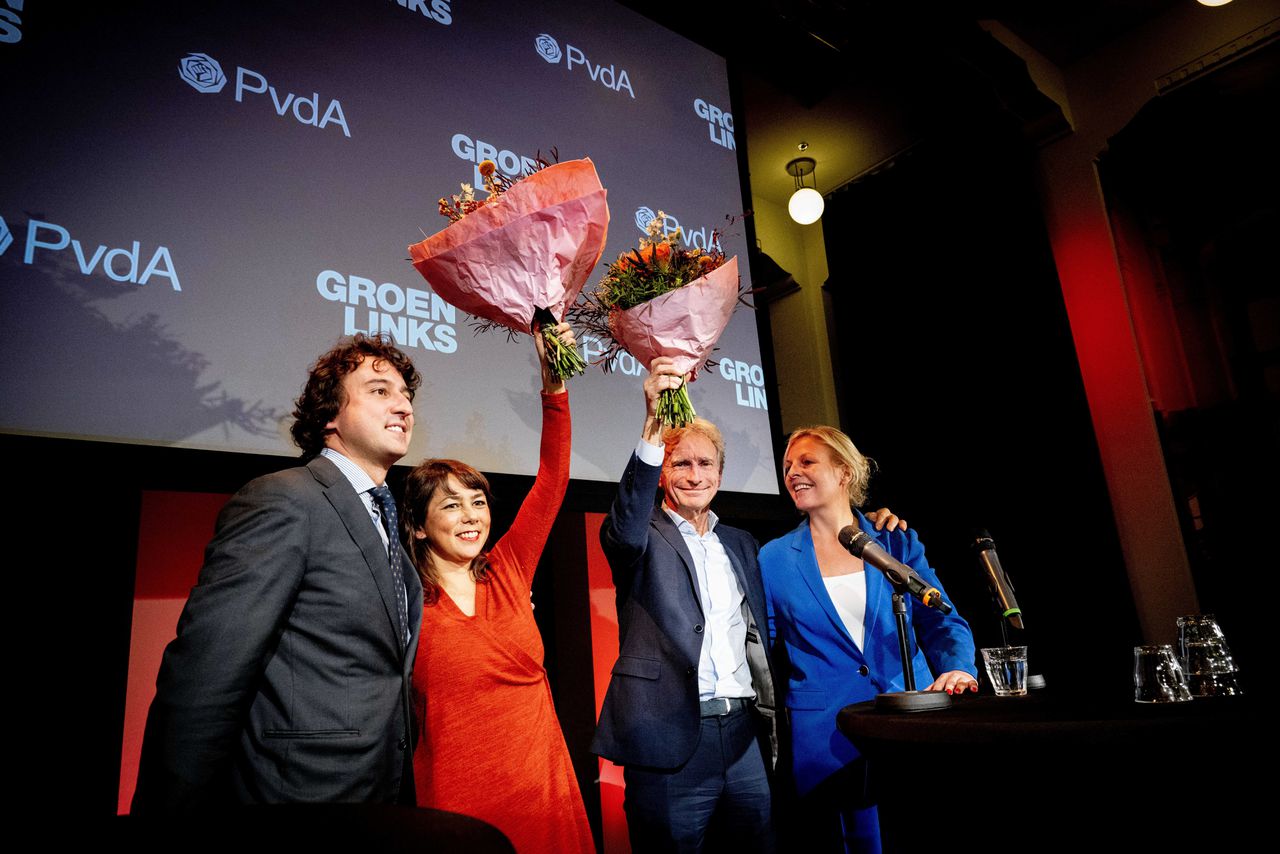 Jesse Klaver, Mei Li Vos, Paul Rosenmöller en Attje Kuiken tijdens de presentatie van de conceptkandidatenlijsten van GroenLinks en PvdA voor de Eerste Kamerverkiezingen. Zij gaan één fractie vormen in de Eerste Kamer.