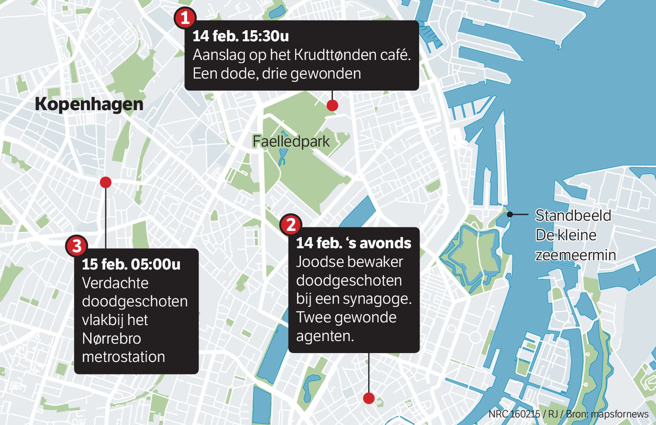 Locaties van de aanslagen in Deense hoofdstad