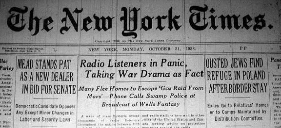 De voorpagina van The New York Times de ochtend na de radiouitzending.