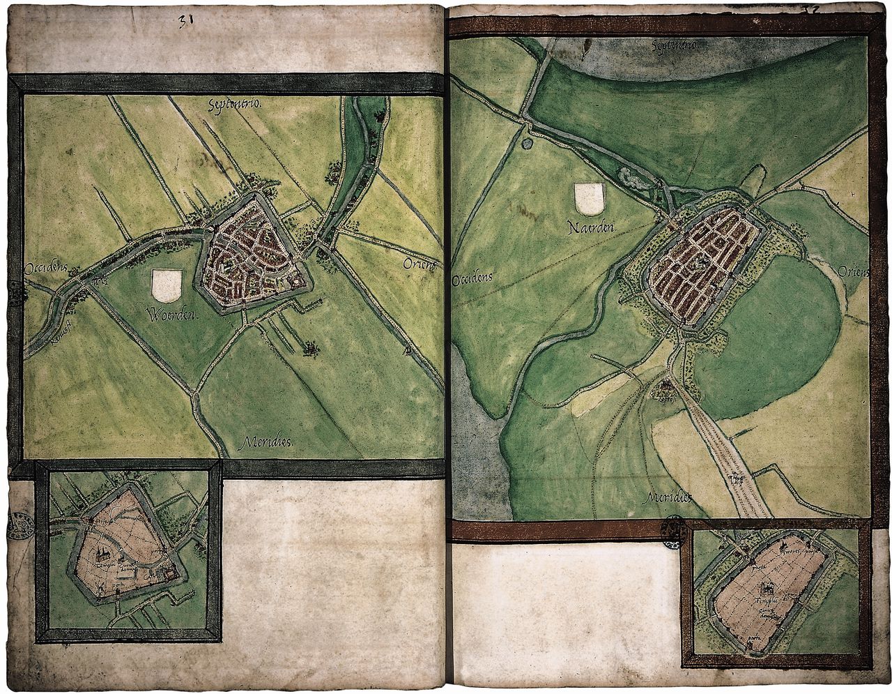 Kaarten van Woerden (lb), Naarden (rb), Oldenzaal (lo) en Ootmarsum (ro) van Jacob van Deventer