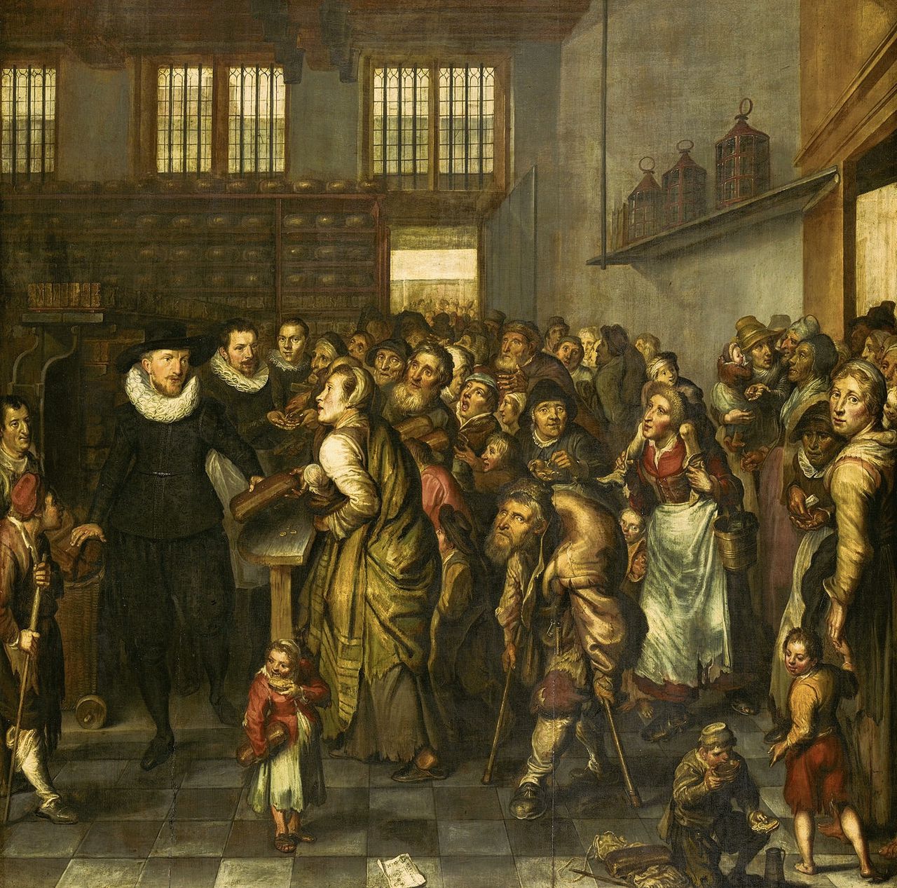 Uitdeling van brood in het Aalmoezeniershuis, een schilderij uit 1627 van een onbekende meester.