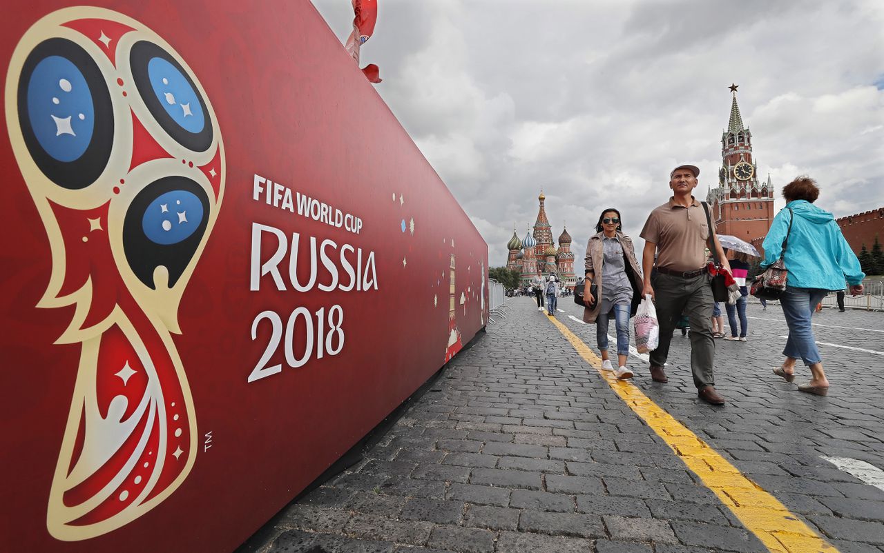 Het logo van het WK op het Rode Plein in Moskou