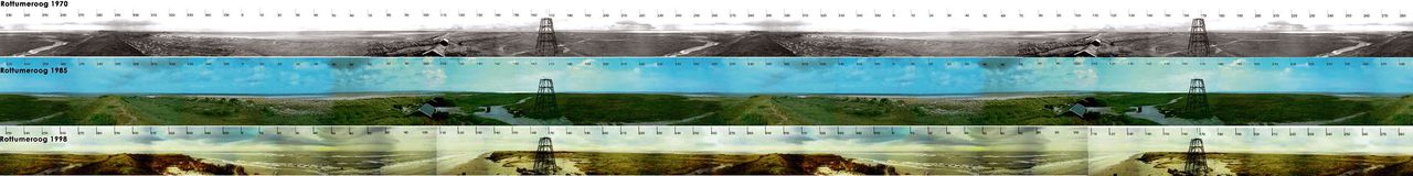 Drie boven elkaar gemonteerde panoramafoto’s vanuit het (nu gesloopte) obeservatietorentje op Rottumeroog uit 1970, 1985 en 1998. Goed zichtbaar is hoe de vorm van het eiland langzaam verandert. Foto Jan Hoogland
